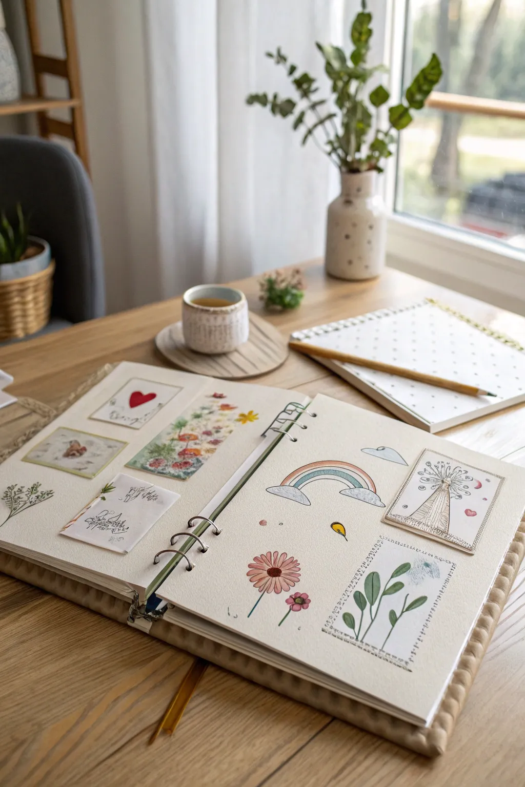 Capture the essence of family creativity with personalized art and doodles in your scrapbook.