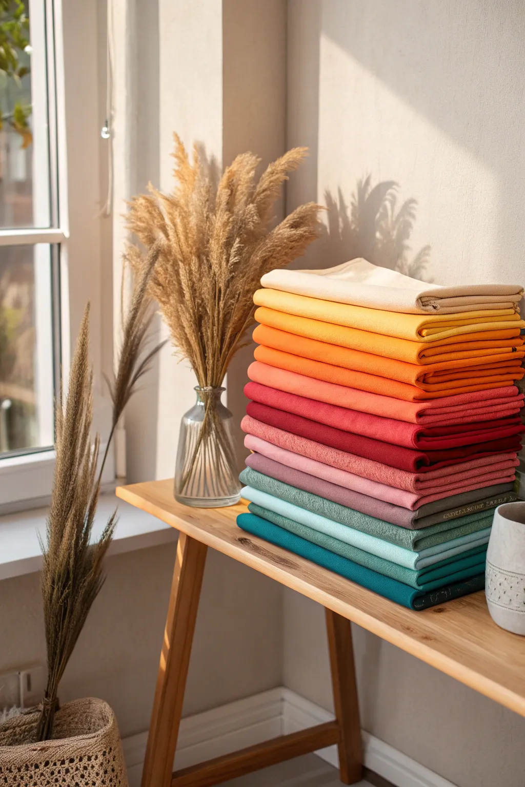 Transform your sewing space with a rainbow of perfectly organized fat quarters, blending Scandinavian simplicity with a Boho flair.