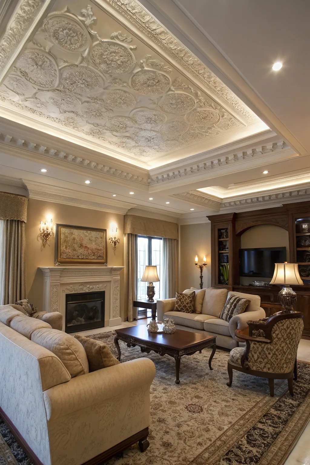 Crown molding adds elegance to your faux tray ceiling.