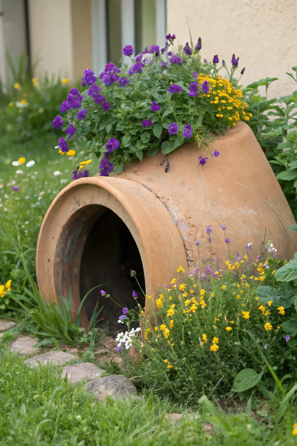 A charming flower pot entryway: welcoming beauty for feline guests.