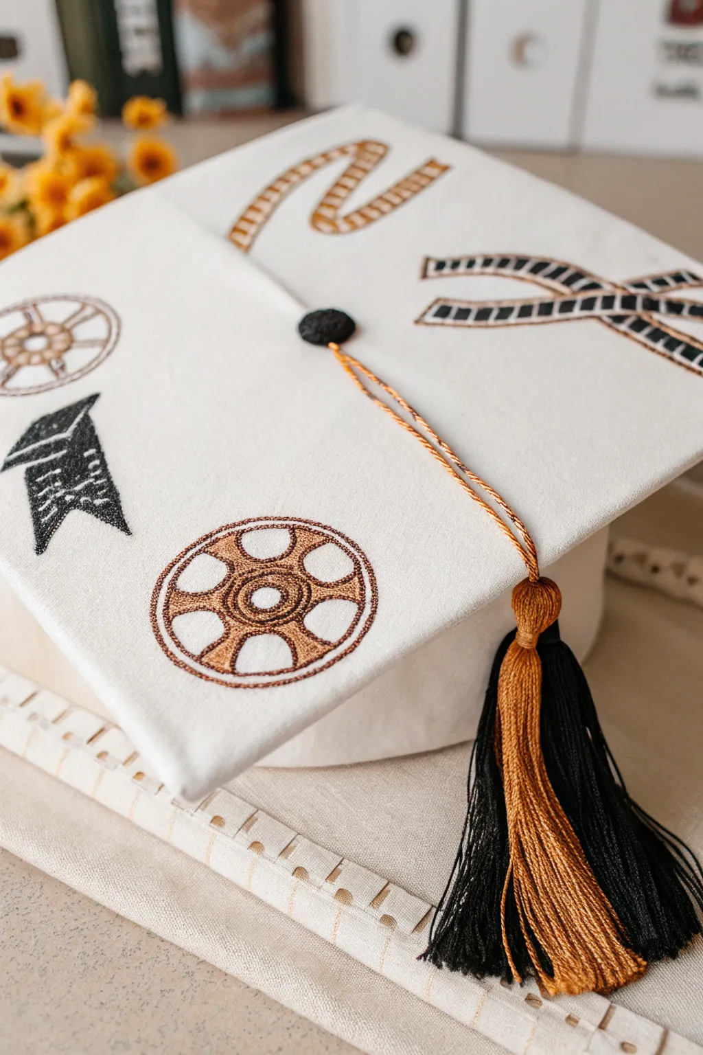 Celebrate your achievements with a cinematic twist! This handcrafted graduation cap blends tradition with film-inspired elegance. 🎓✨