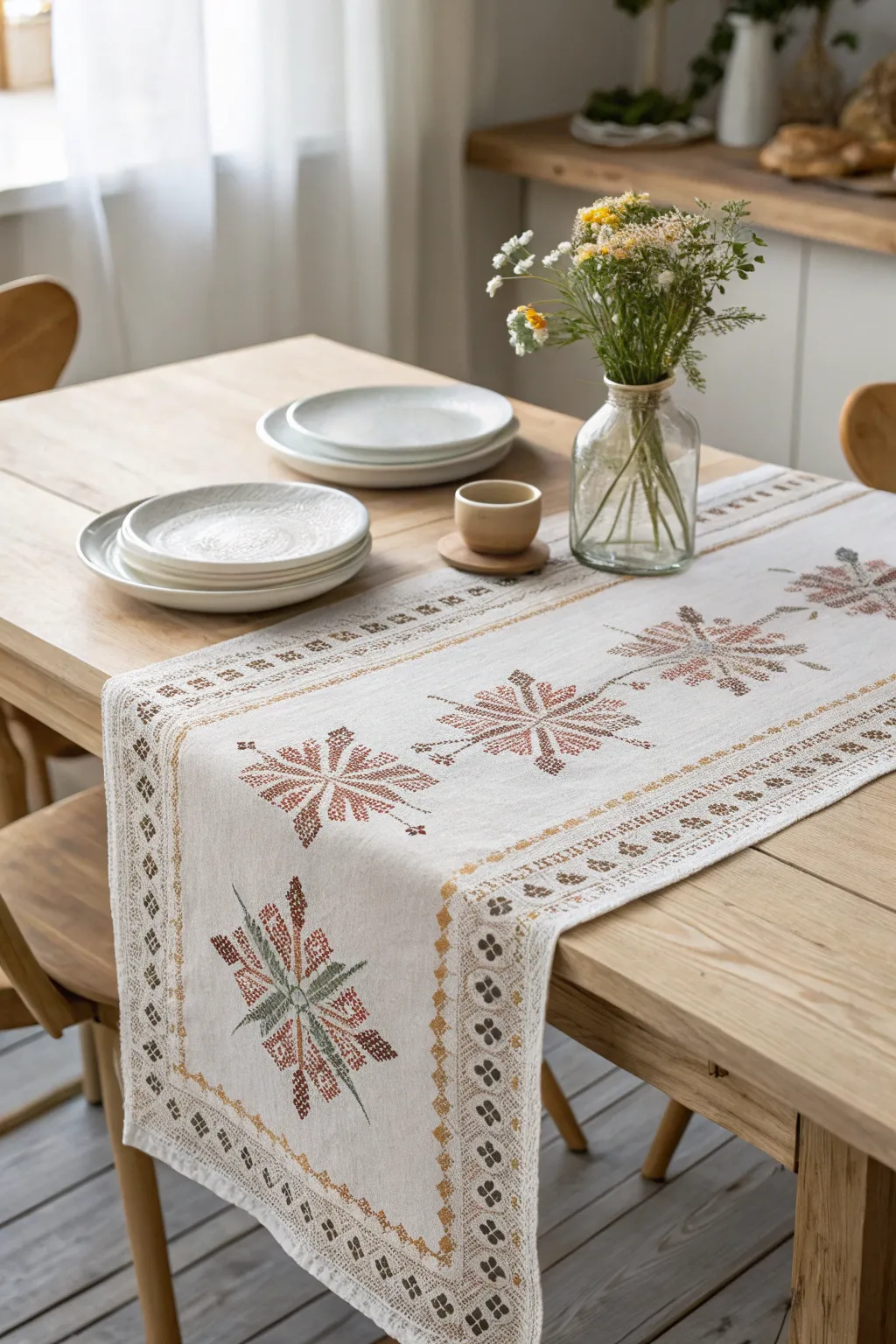Elevate your dining experience with a handcrafted cross stitch table runner, where simplicity meets elegance.