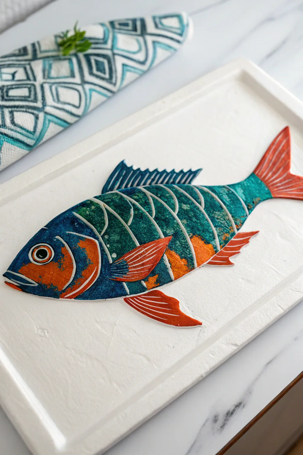 Dive into a sea of creativity with this stunning scrape-painted fish masterpiece. Bold colors and minimalist design meet in perfect harmony.