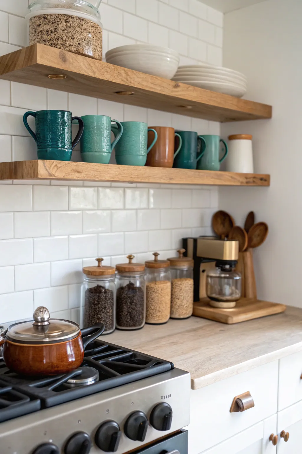 Transform your kitchen into a cozy bistro with a minimalist coffee station above the stove. ☕️✨ #ScandiBoho #KitchenInspiration