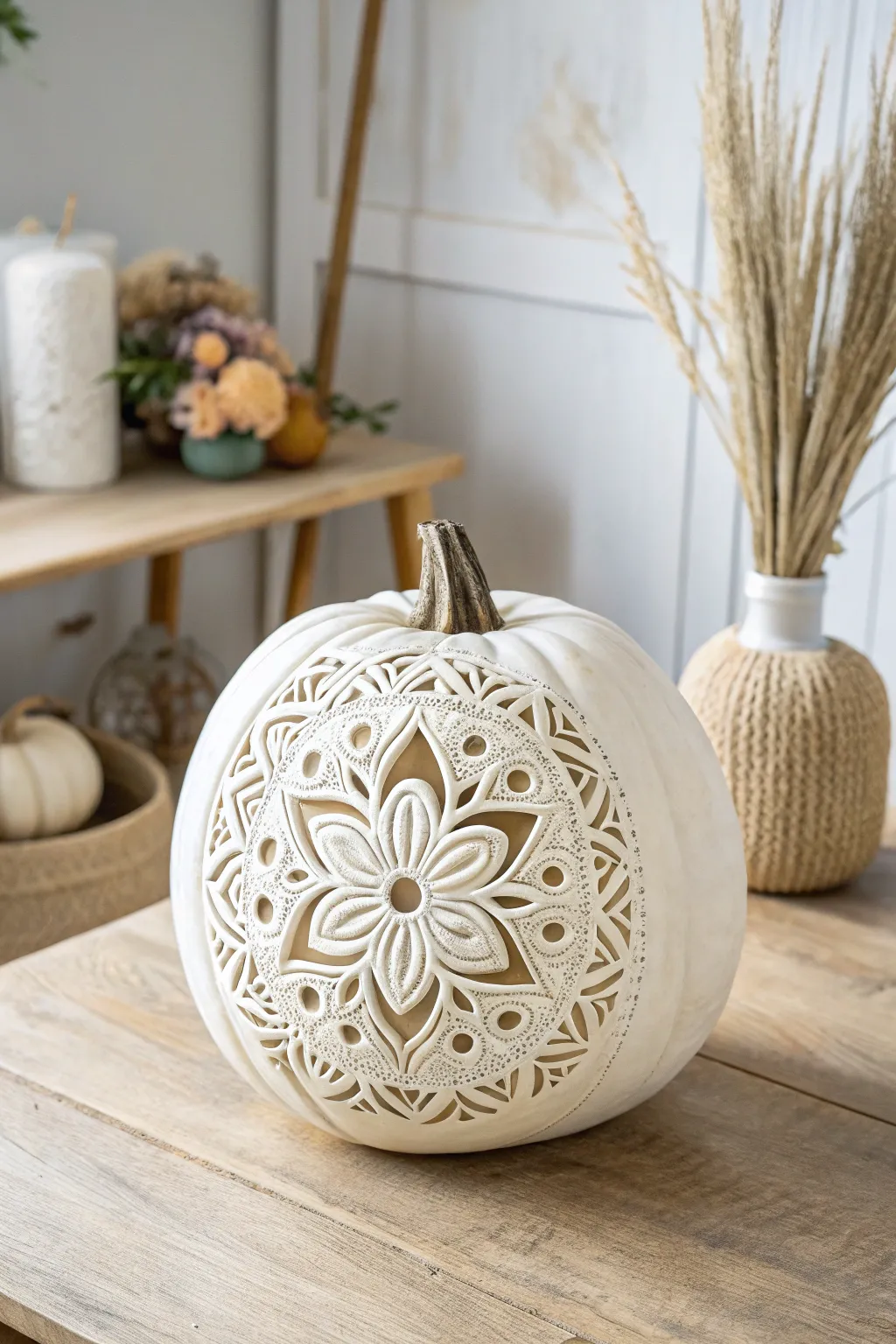 Elevate your decor with the serene beauty of a floral mandala-carved pumpkin, blending bohemian charm with minimalist elegance.