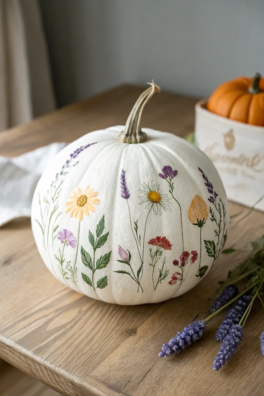 Embrace the wild charm of nature with this beautifully painted flower pumpkin, perfect for a minimalistic yet boho-inspired fall decor.