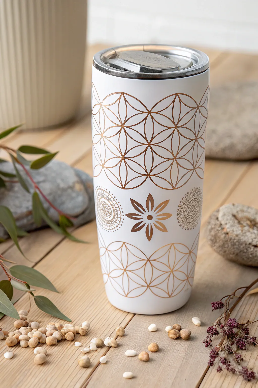 Embrace the beauty of order and nature with this Geometric Floral Fusion tumbler. Perfect for lovers of minimalist elegance with a boho twist.