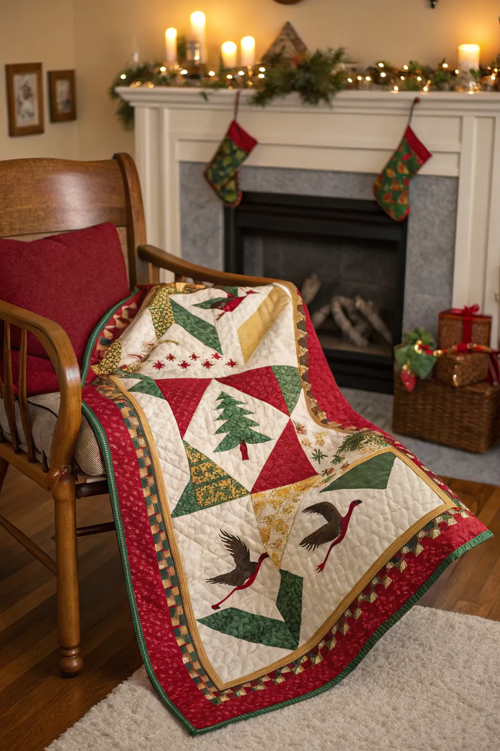 Holiday-themed flying geese borders add a festive touch.