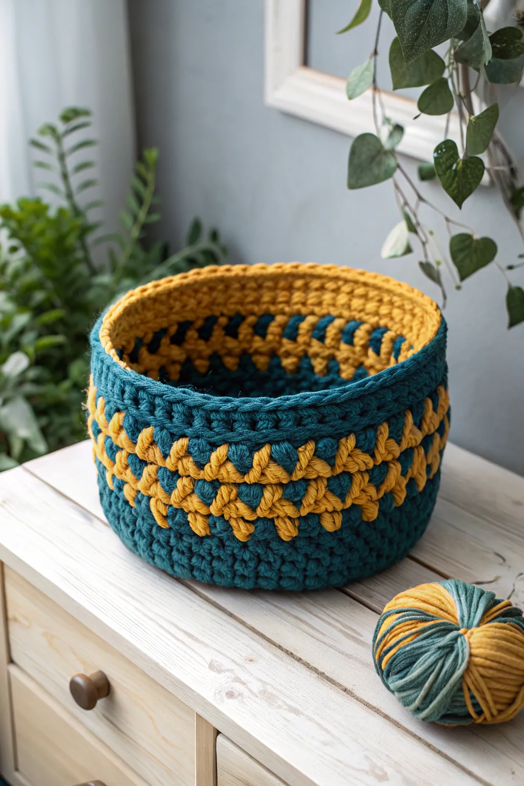 Add a touch of cozy charm with this quirky crochet basket, perfect for organizing your space in style.