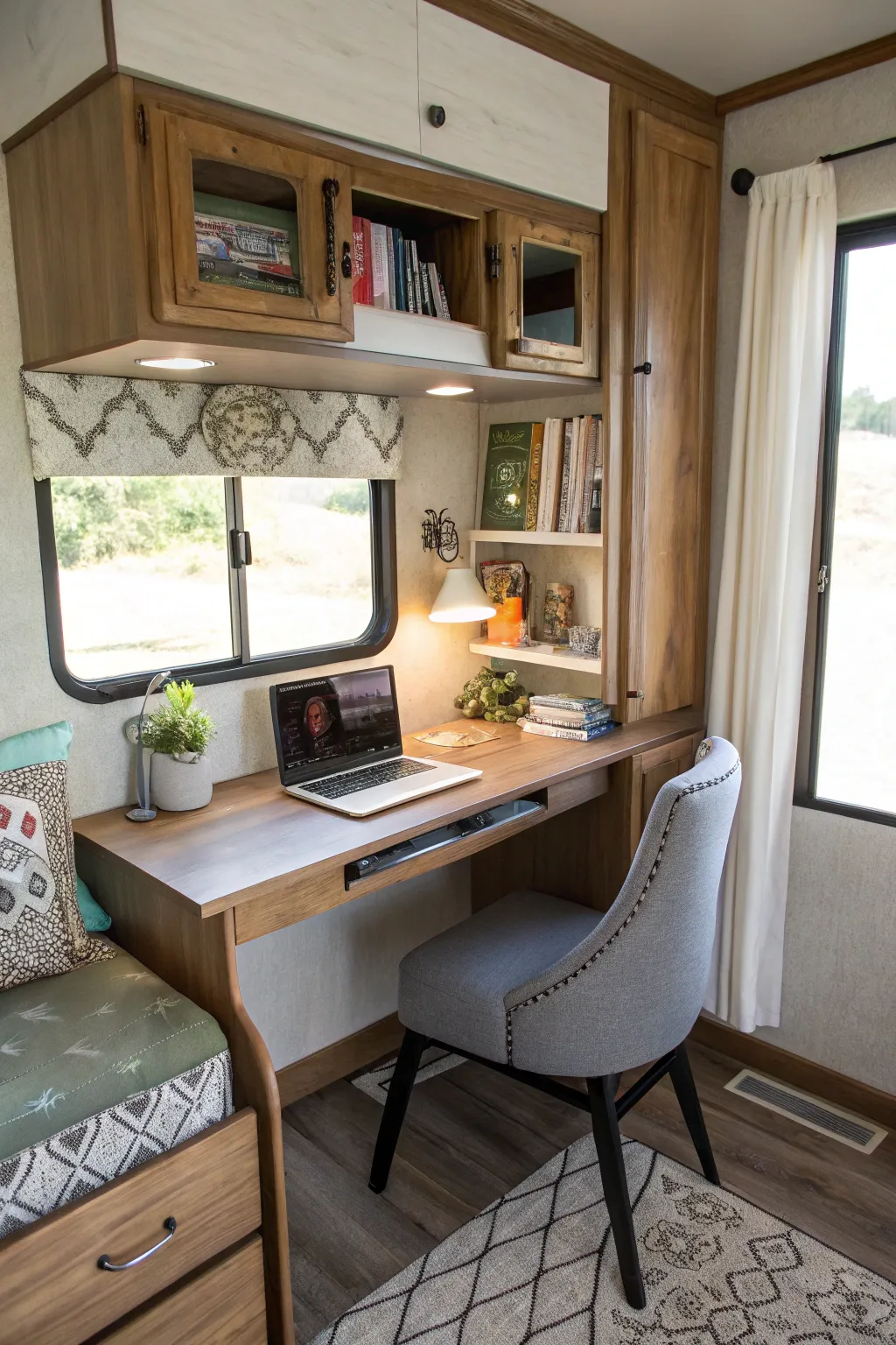 Efficient workspace with a wall-mounted desk.