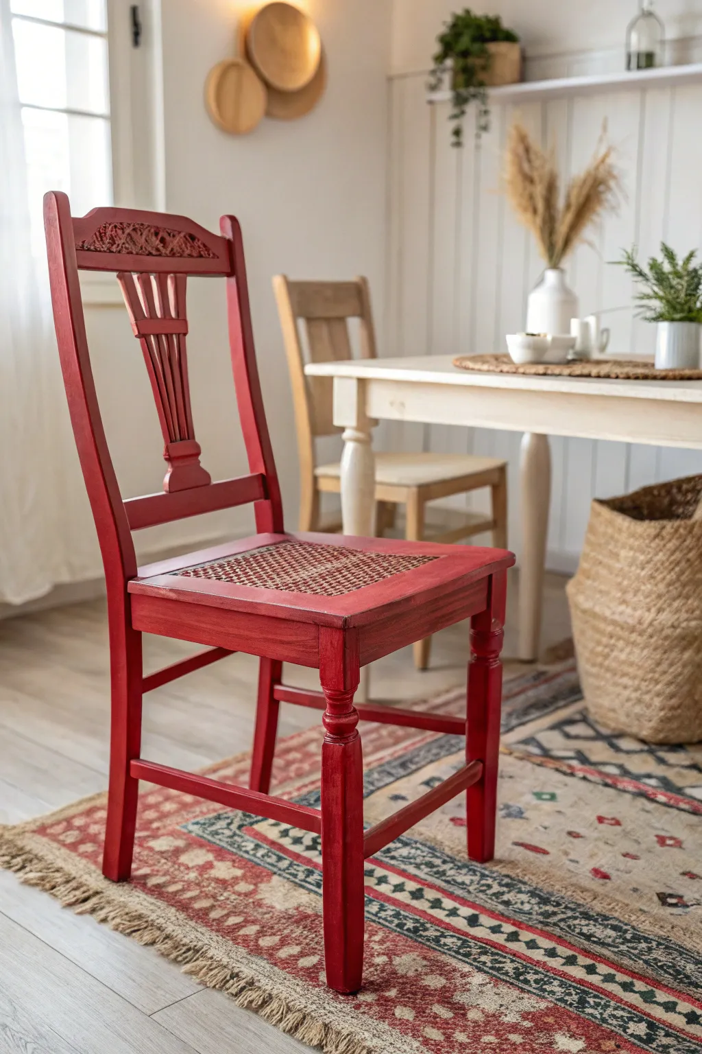 Transform your space with a bold pop of color—see how this vivid red chair adds life to a minimalist dining room!