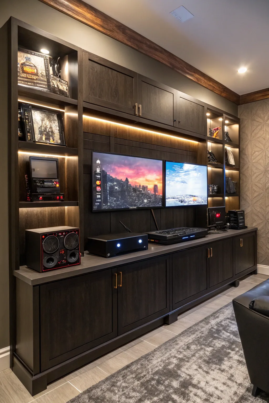 Elevate your gaming experience with a dual monitor setup supported by a stylish shelf. Unleash both productivity and play in one sleek design.