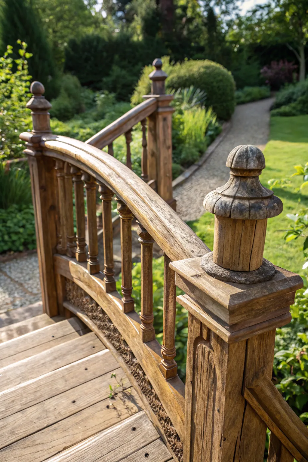 Elevate your garden's charm with the timeless beauty of reclaimed wood railings.