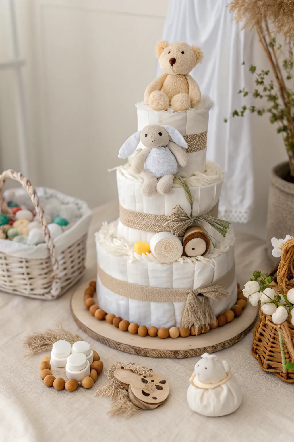 Embrace simplicity with a touch of charm: A gender-neutral diaper cake adorned with love and plush companions.