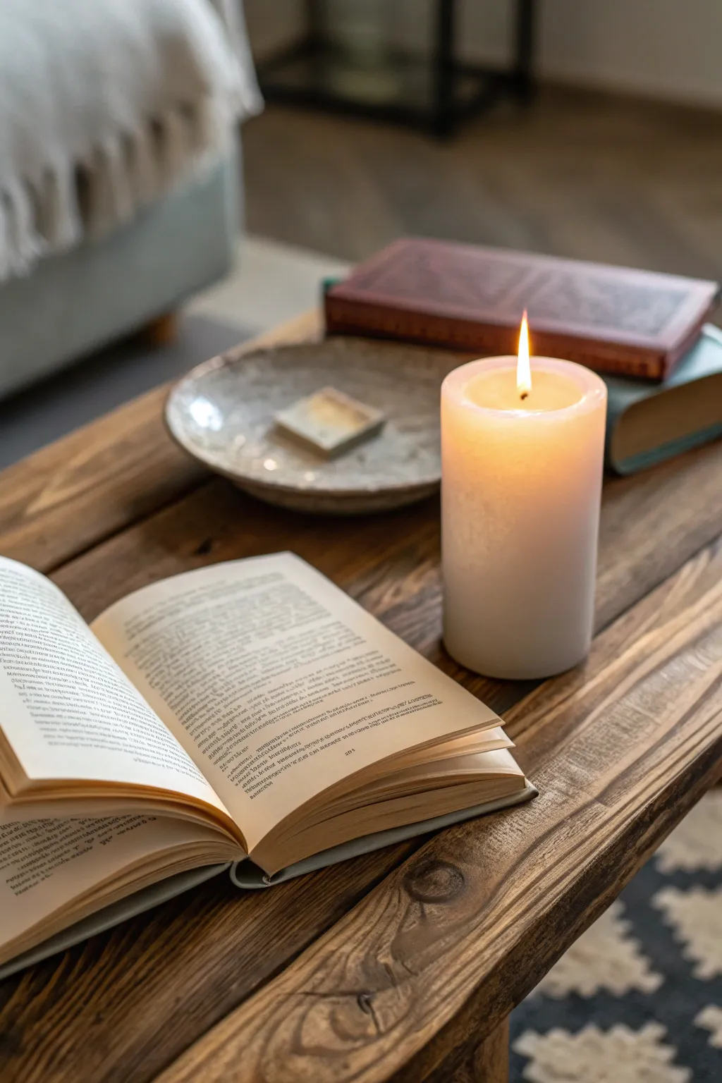 A captivating book complements the serene atmosphere created by candles.