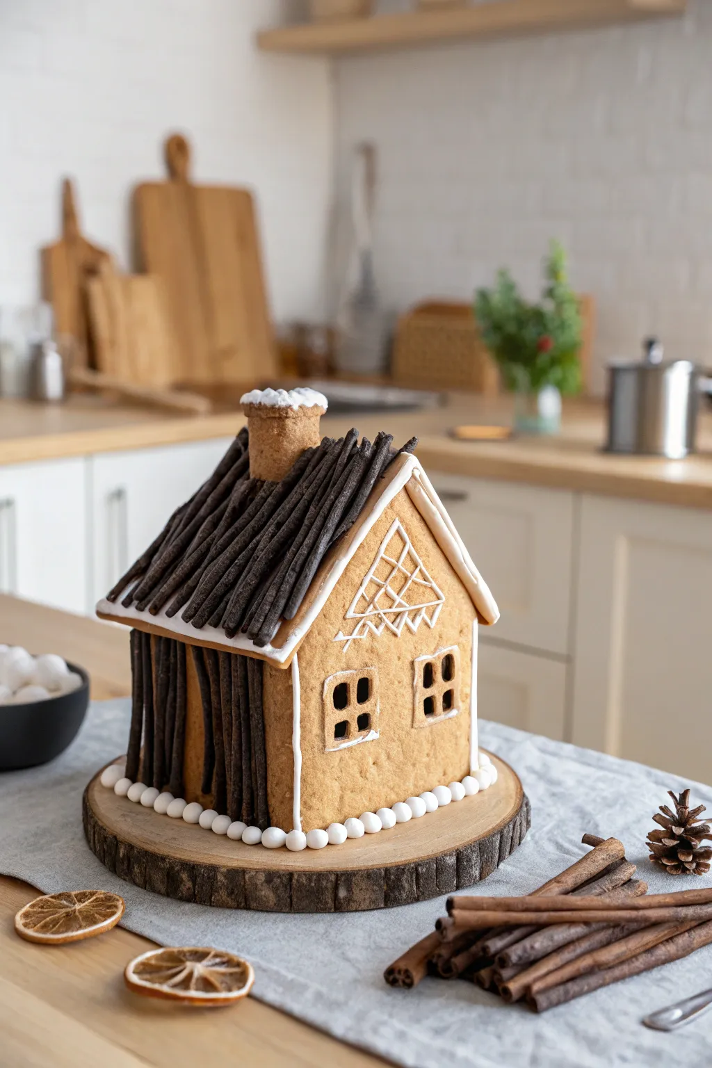 Add a sleek twist to your gingerbread house with a licorice stick chimney!