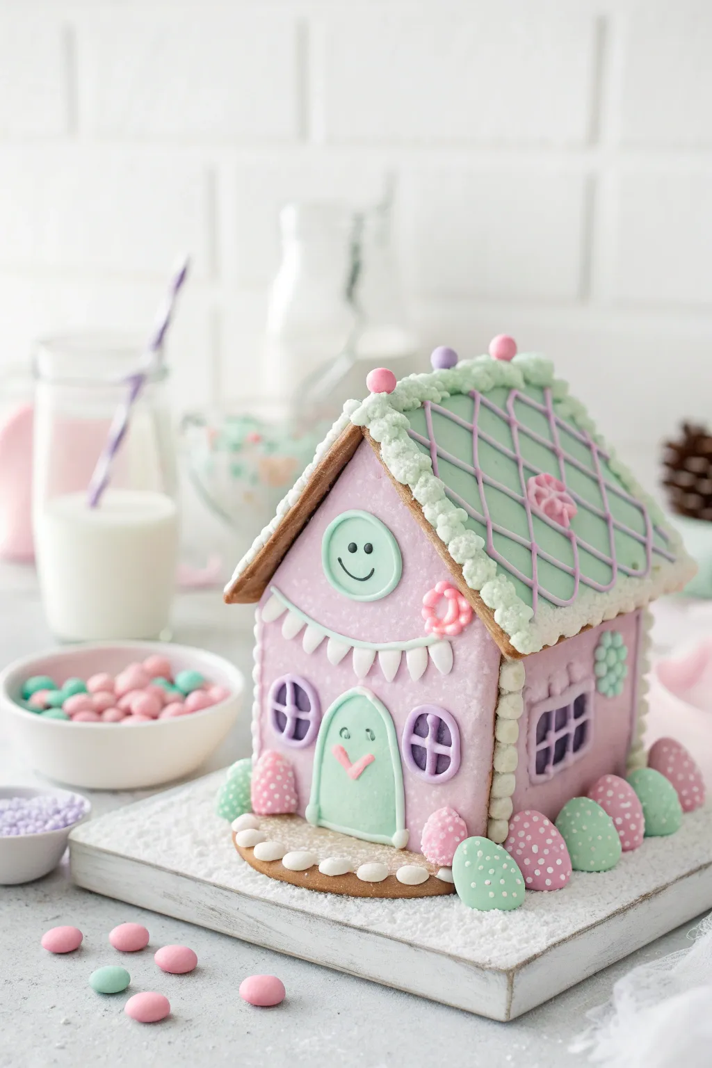 Add a dash of kawaii charm to your gingerbread house drawings with pastel hues and adorable candy smiles!