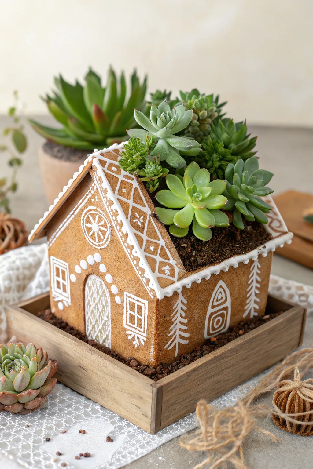 Transform your gingerbread house into a charming succulent planter—where festive meets minimalist elegance!