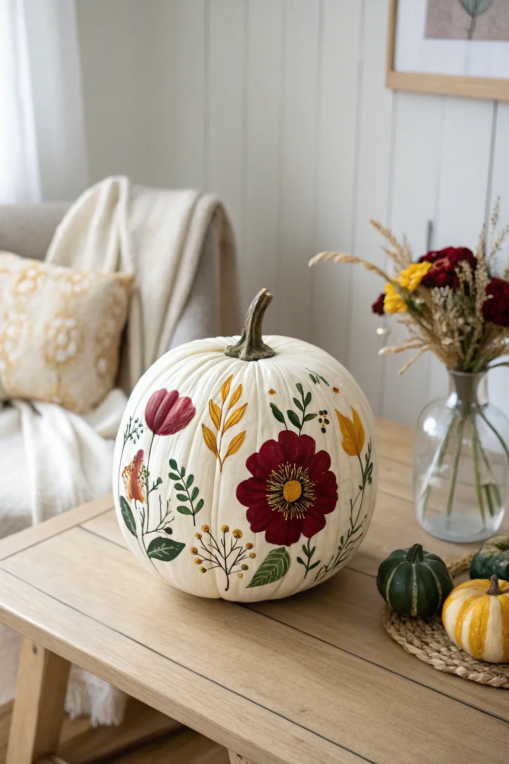 Embrace the season with a pumpkin adorned in vibrant floral artistry, bringing nature's beauty indoors.