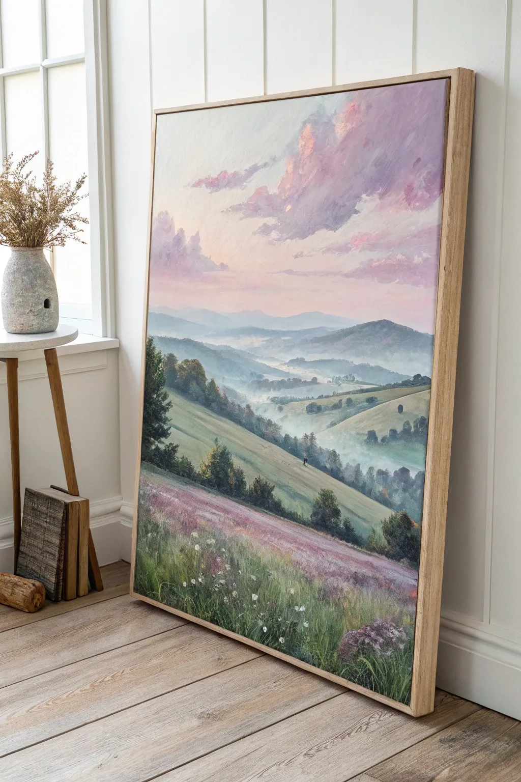 Escape into serenity with this pastel landscape masterpiece.