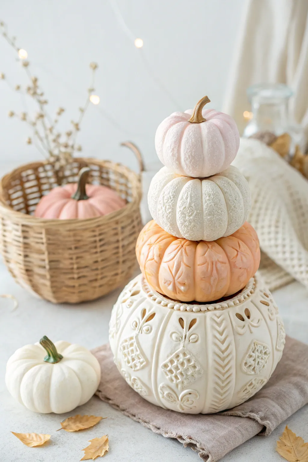 Elevate your fall decor with this enchanting mini pumpkin stack, blending Scandinavian minimalism with Boho charm.