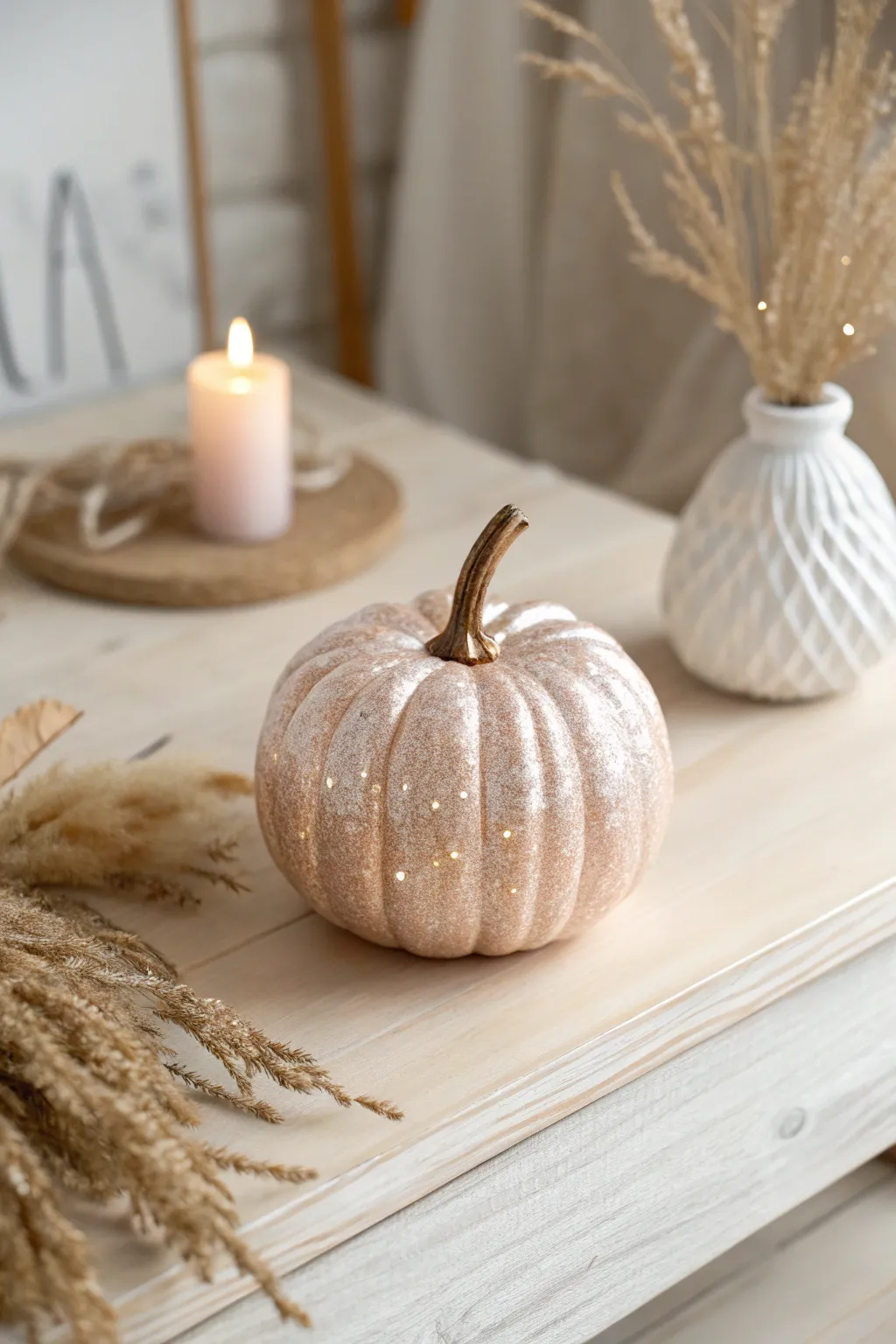 Elevate your autumn decor with a pearlescent pumpkin that shimmers with elegance.