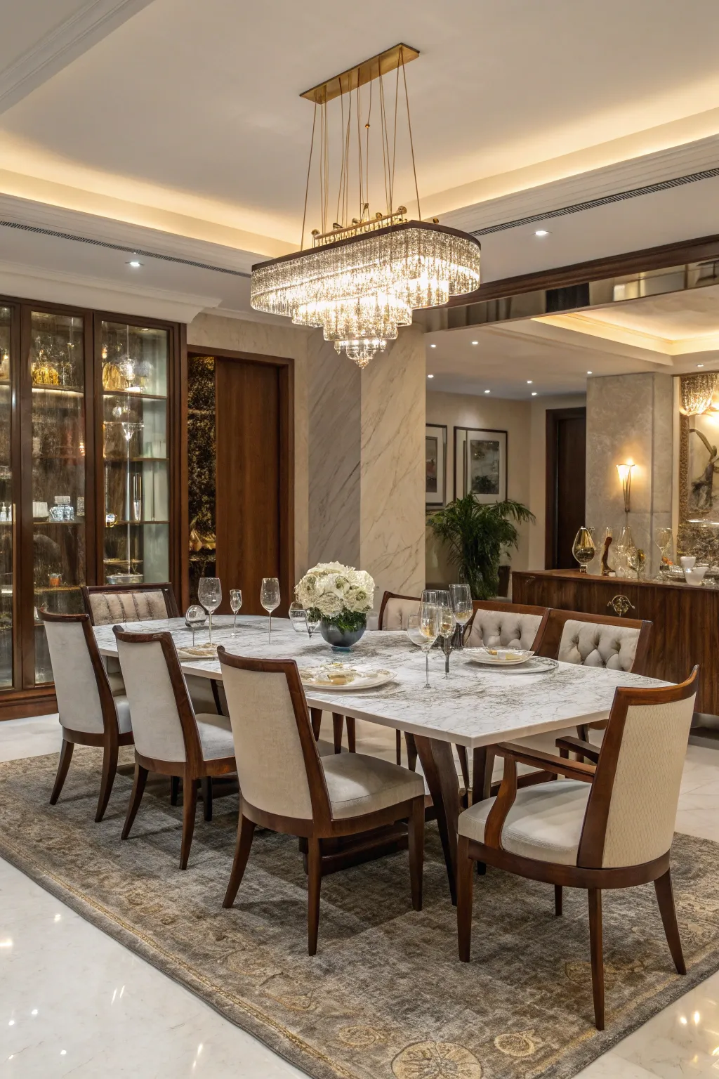 Luxurious materials like marble and wood elevate the dining room.
