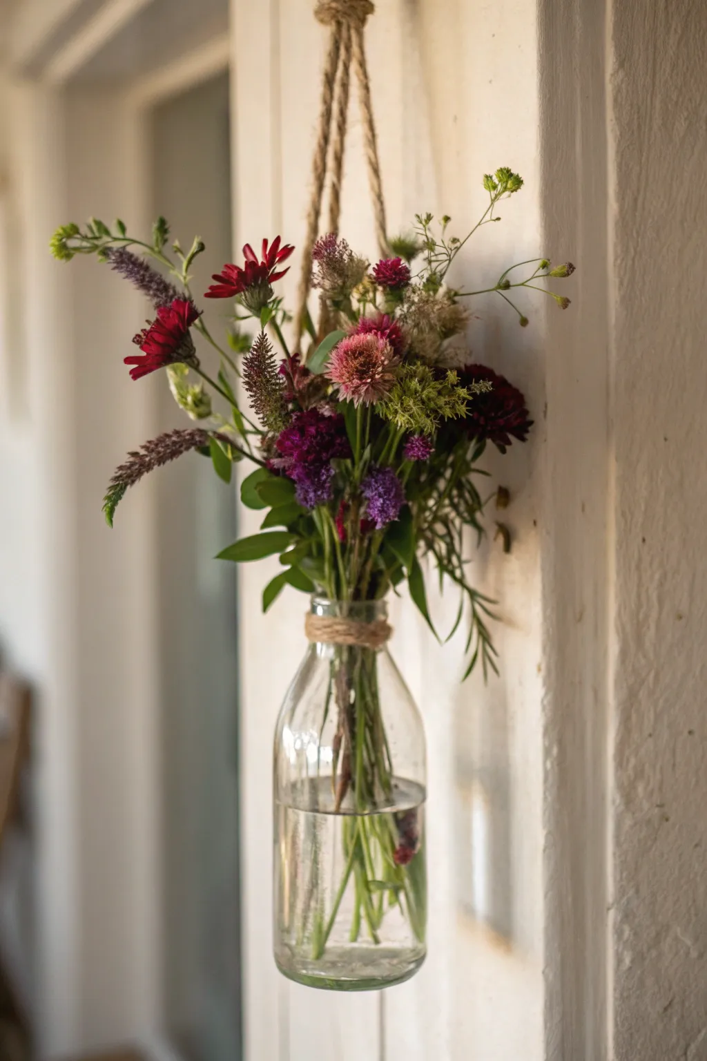 Transform a simple glass bottle into an eye-catching hanging vase, perfect for adding a splash of color and charm to any space.