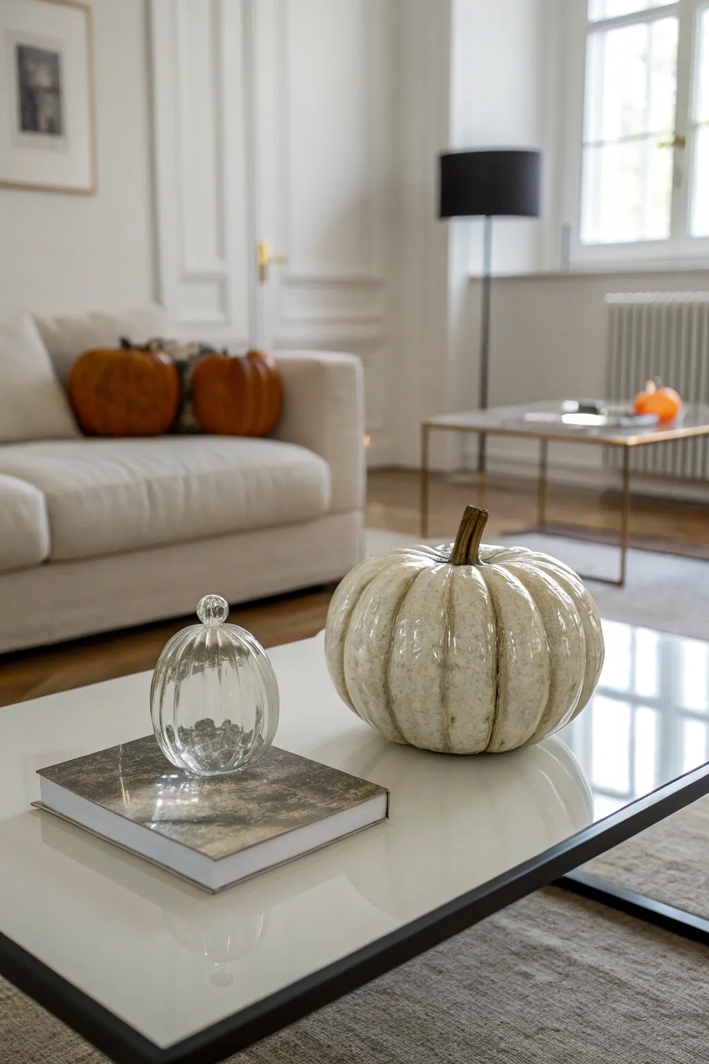 Minimalist elegance with a single glass pumpkin.