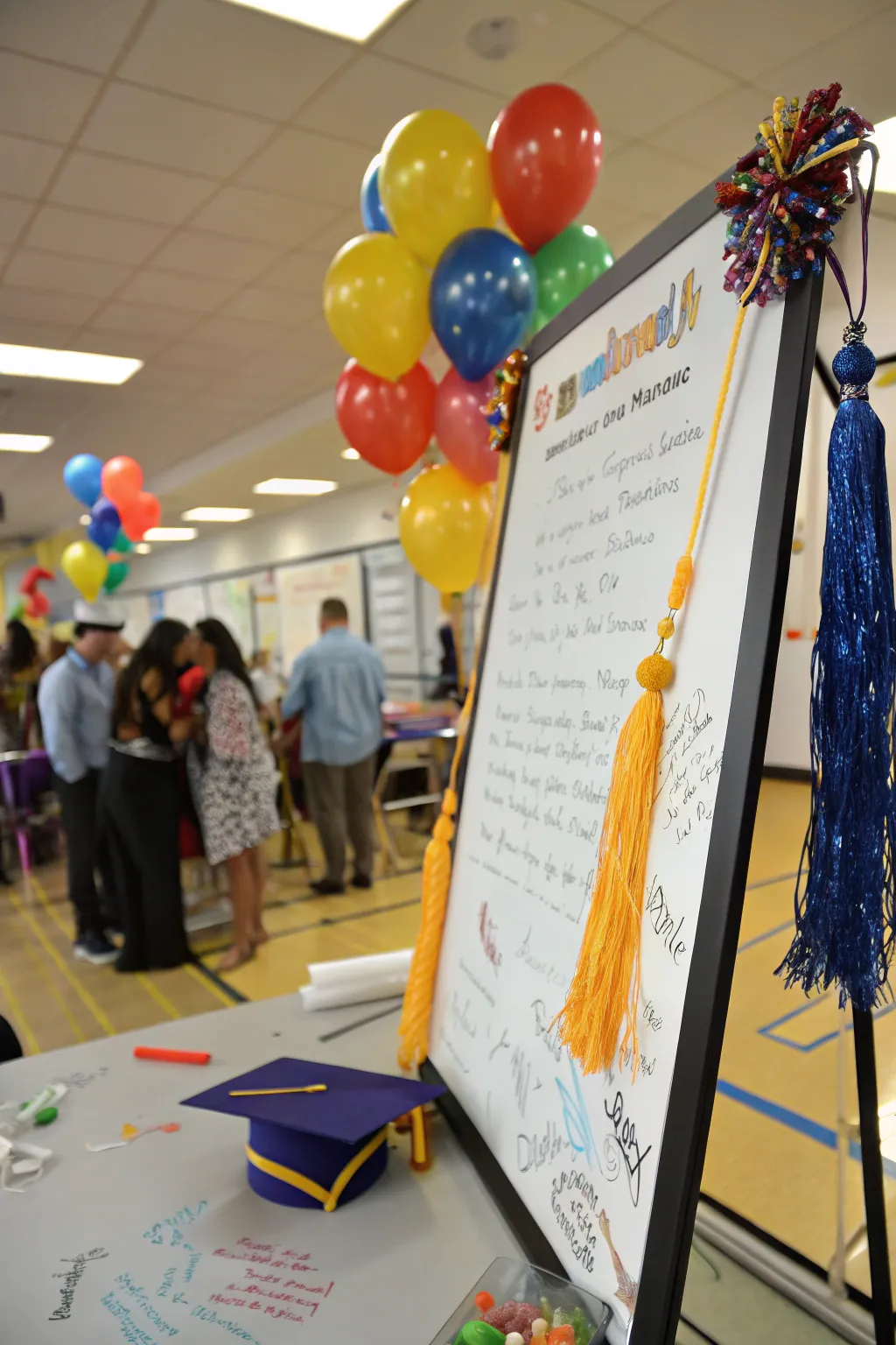 A festive signing board with a tassel garland.