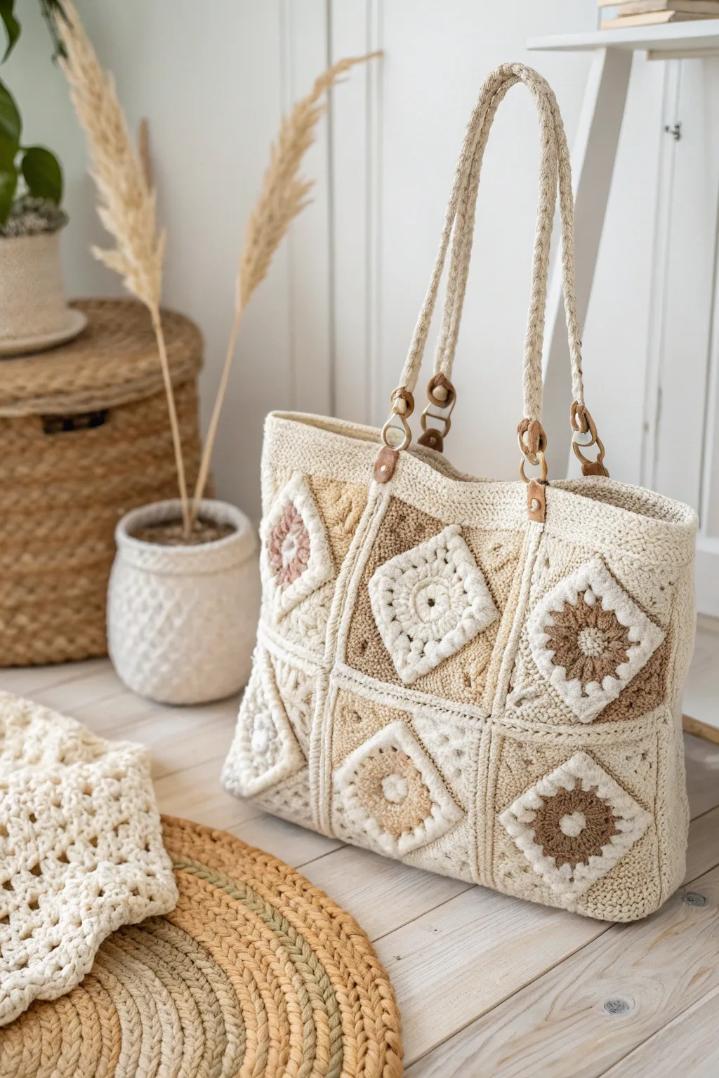 Elevate your style with this neutral-toned granny square bag, where simplicity meets sophistication.