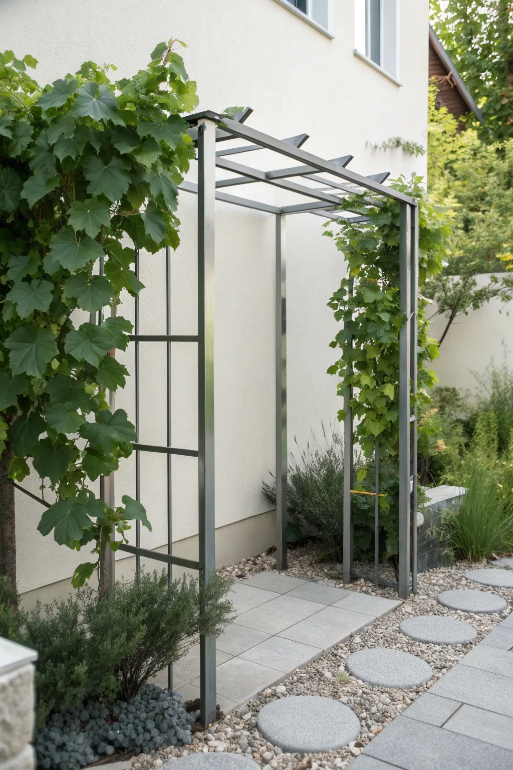 Embrace modern elegance with a minimalist metal arbor, where sleek design meets nature's beauty.