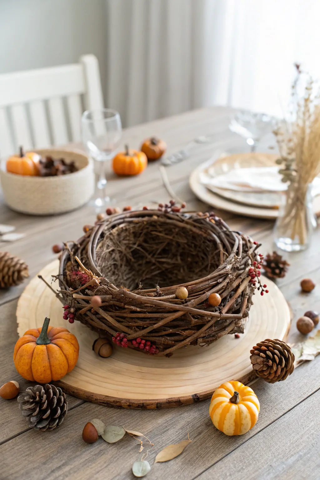 Elevate your table decor with this stunning grapevine centerpiece, a perfect blend of simplicity and bold elegance.