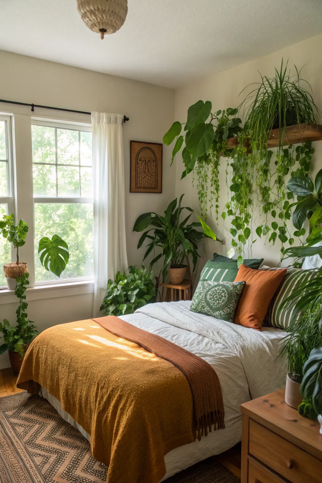 Lush green plants adding vitality and freshness to the bedroom.