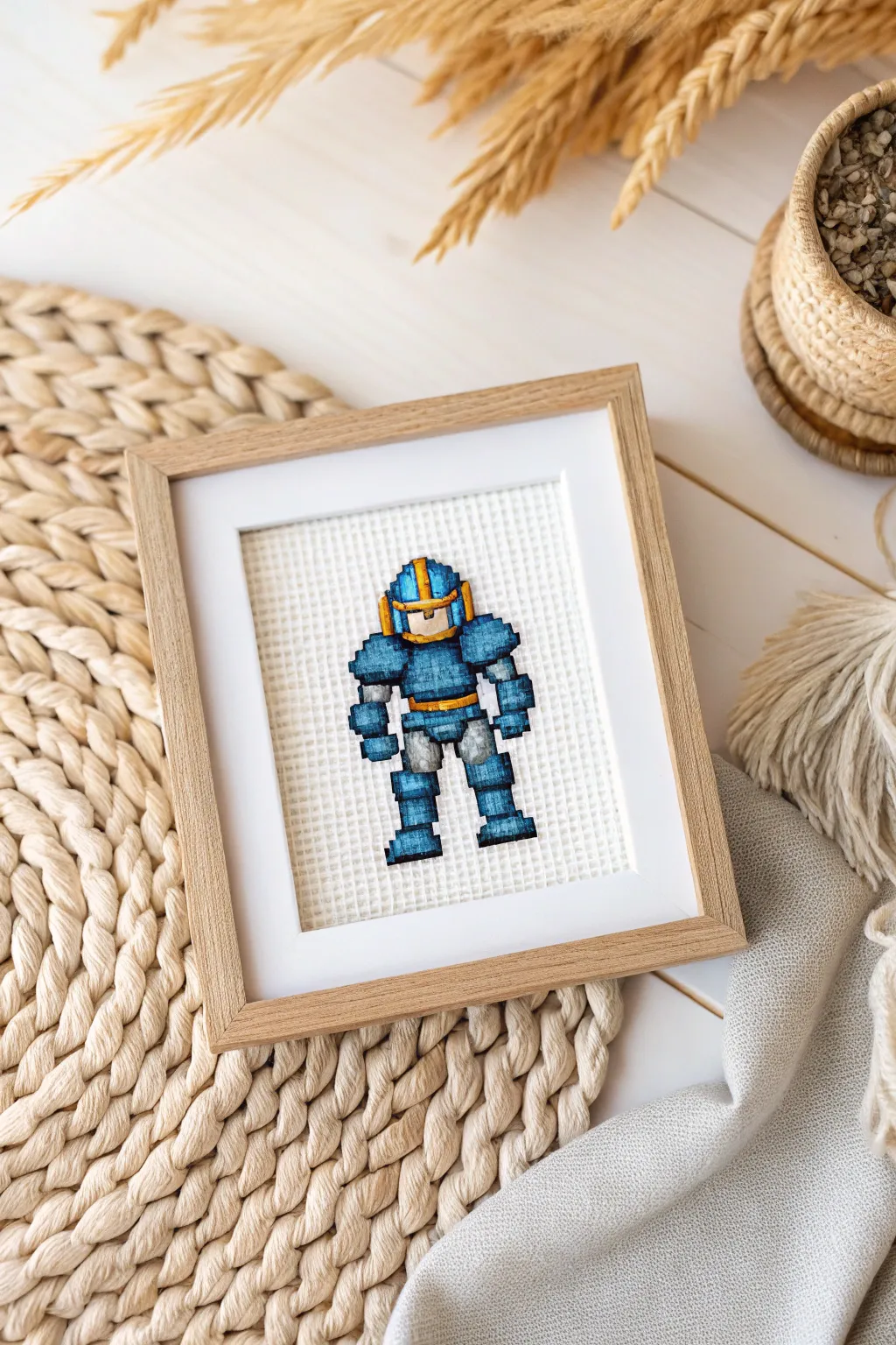 Embrace nostalgia with this striking blue armored hero in pixel art, where simplicity meets bold design.