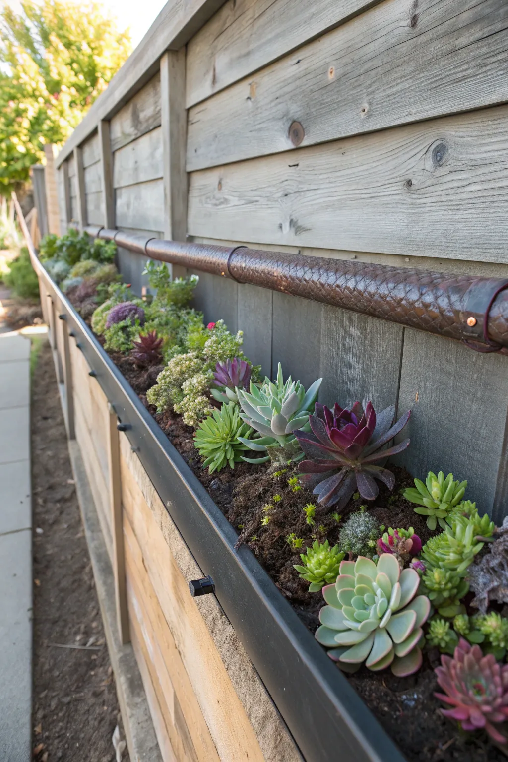 Elevate your space with a captivating succulent gutter garden - where rustic meets refined.