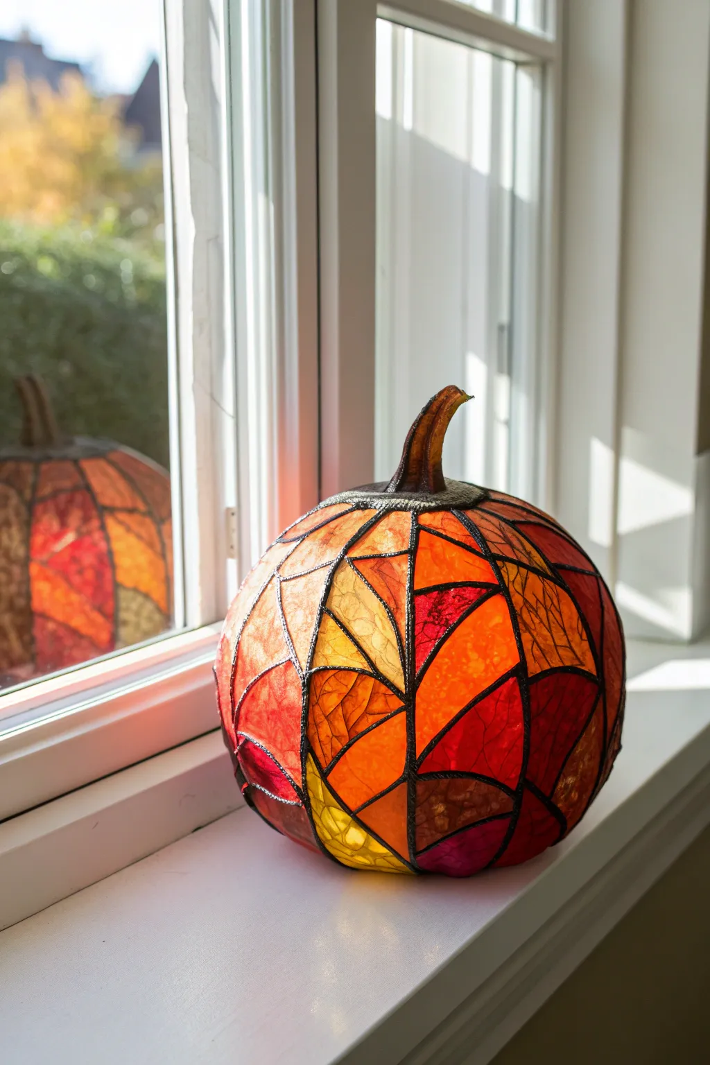 Capture the magic of autumn sunlight with these enchanting stained glass pumpkins, a perfect blend of craft and color for your Halloween decor.