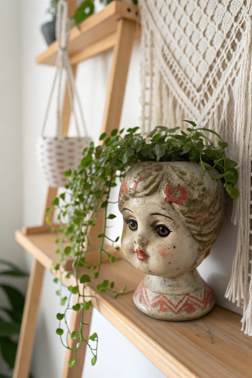 Elevate your Halloween decor with a touch of eerie elegance: the Creepy Doll Head Planter.