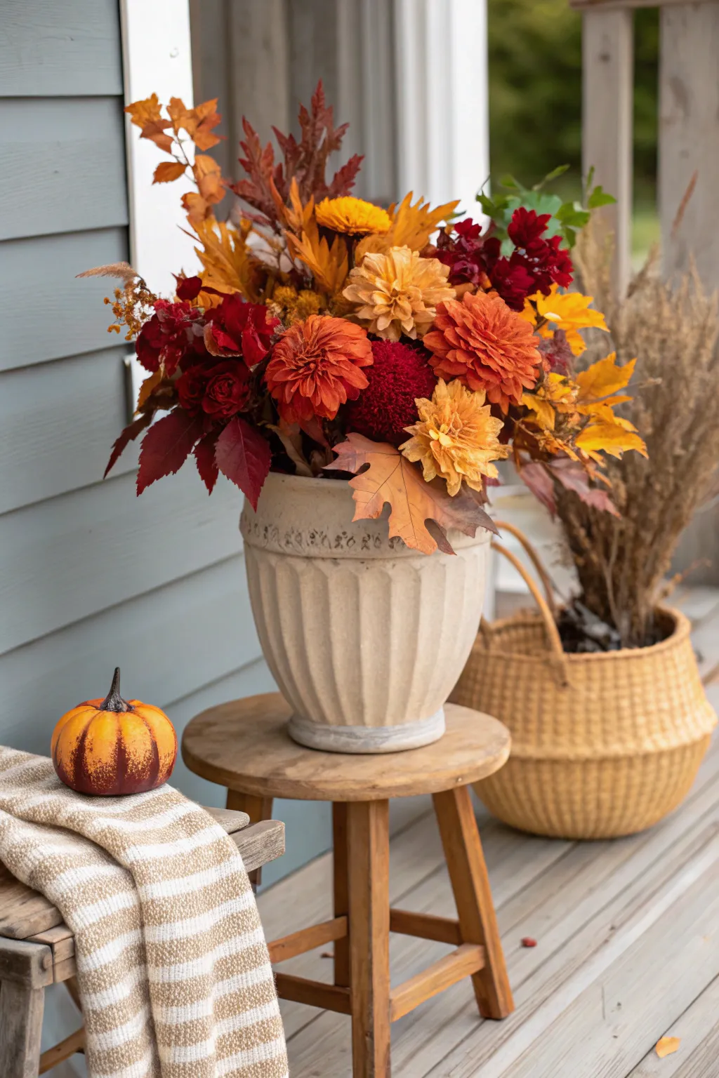 Transform your porch into an autumn oasis with this stunning foliage frenzy planter—perfect for a cozy Halloween vibe!
