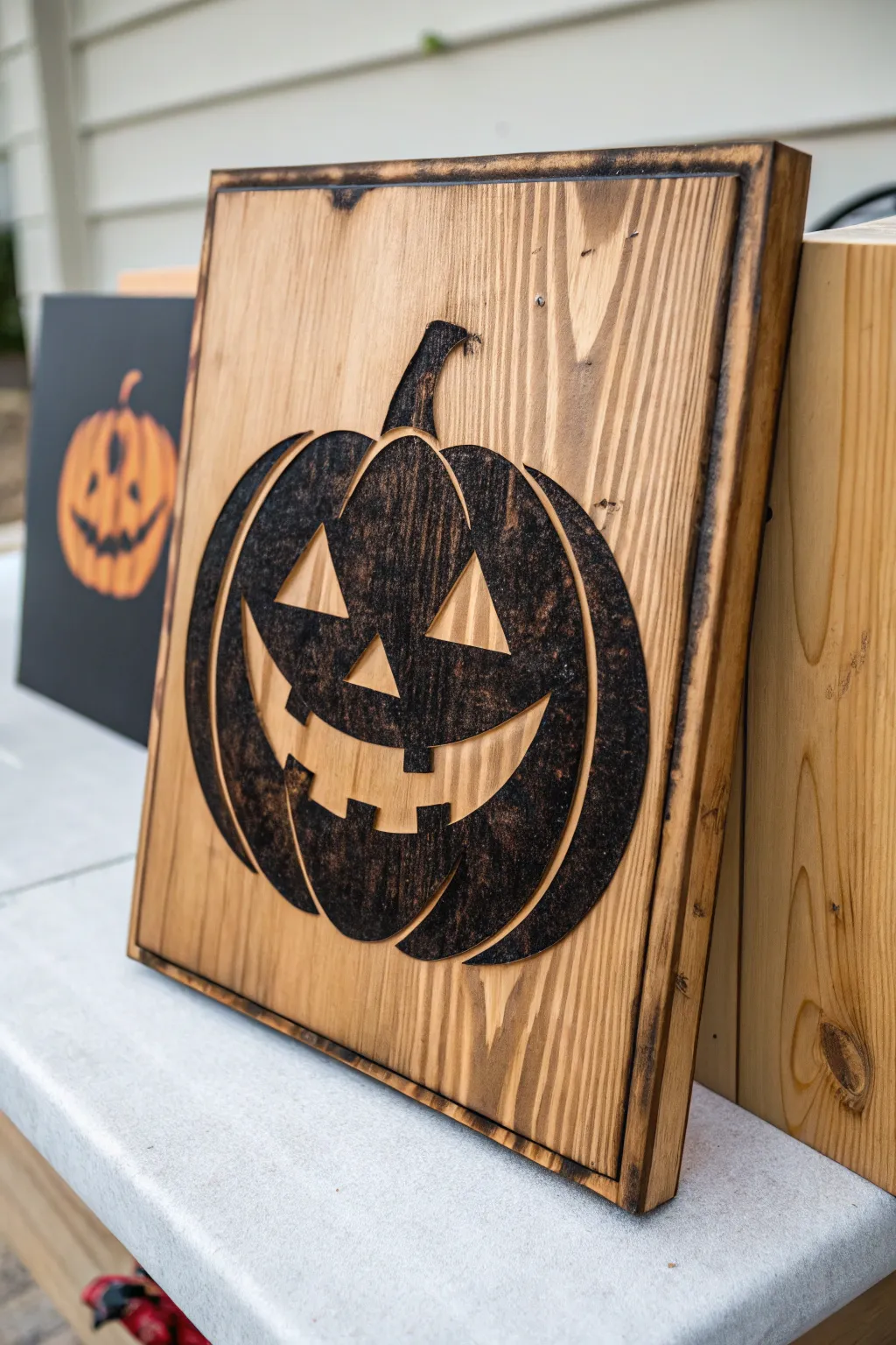 Craft the perfect spooky silhouette: A playful pumpkin grin brought to life through expert wood burning.