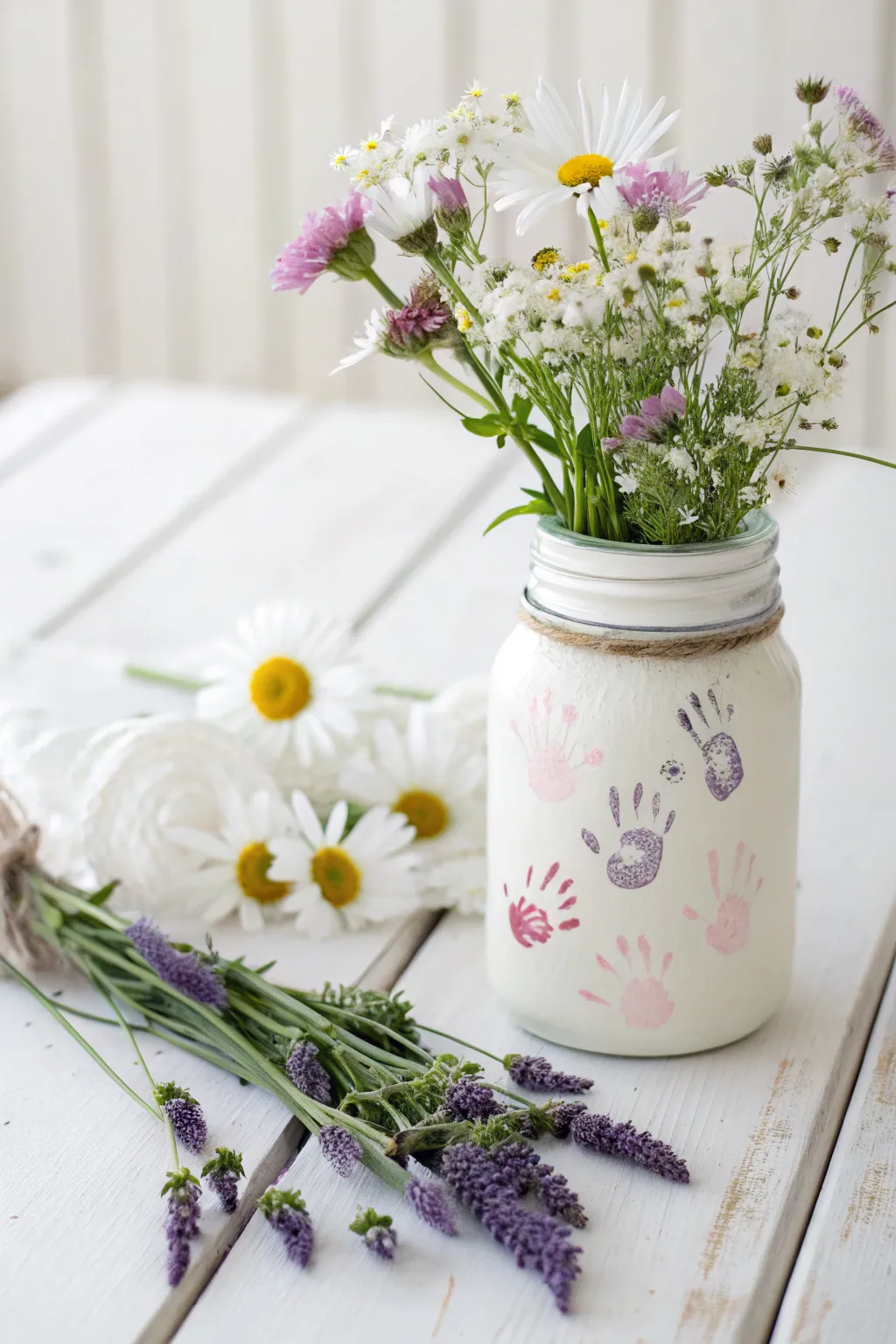 Capture the essence of a heartfelt Mother's Day with a handprint mason jar vase, blending simplicity and natural beauty.