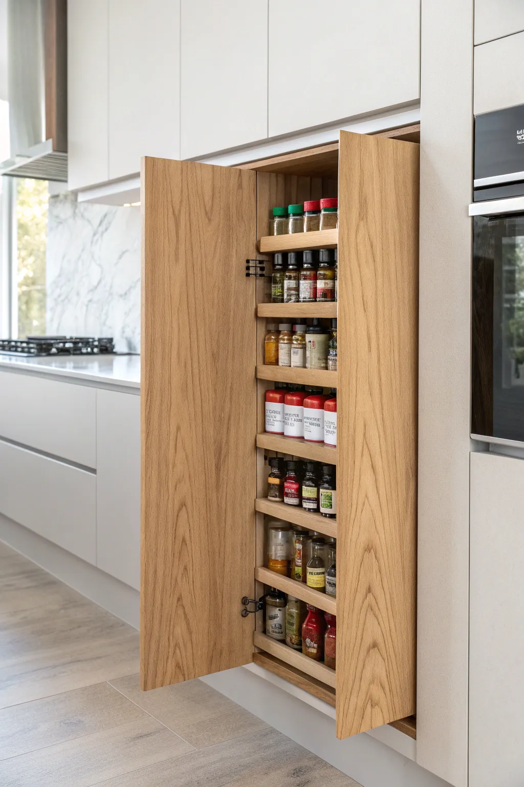 Unlock the secret to a clutter-free kitchen with hidden spice storage—where simplicity meets style!