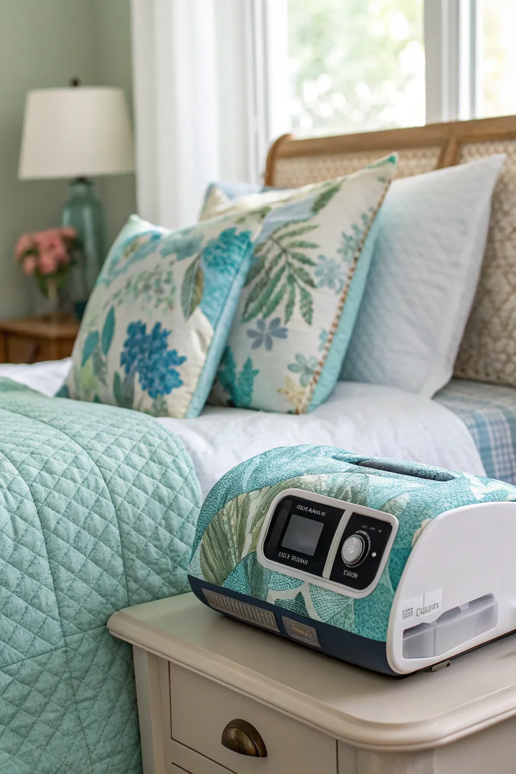 A vibrant cover helps the CPAP machine blend into the decor.