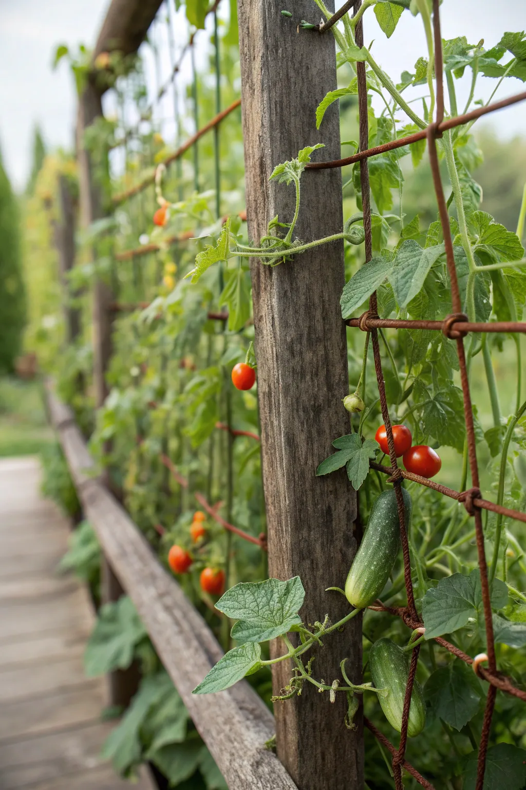 Elevate your gardening game with a stylish hog wire trellis for a bountiful vertical veggie garden.