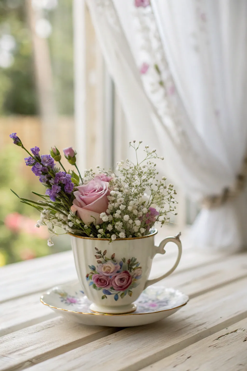 Elevate your baptism celebration with charming vintage teacup flower displays.