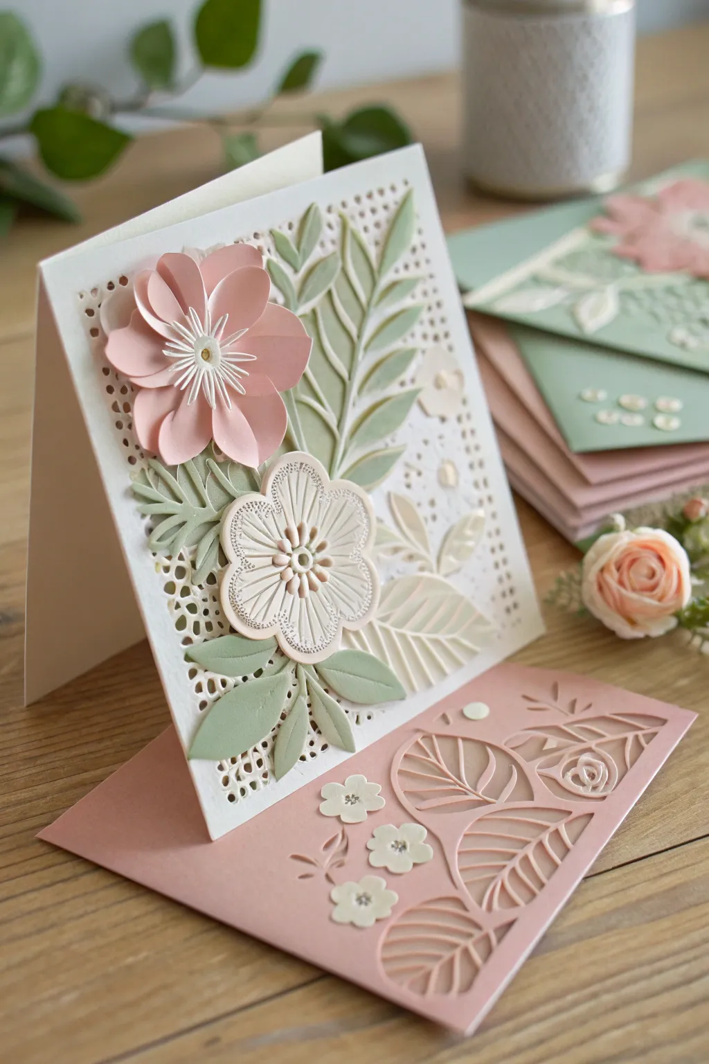 Discover the art of layered beauty with these stunning handmade card creations.
