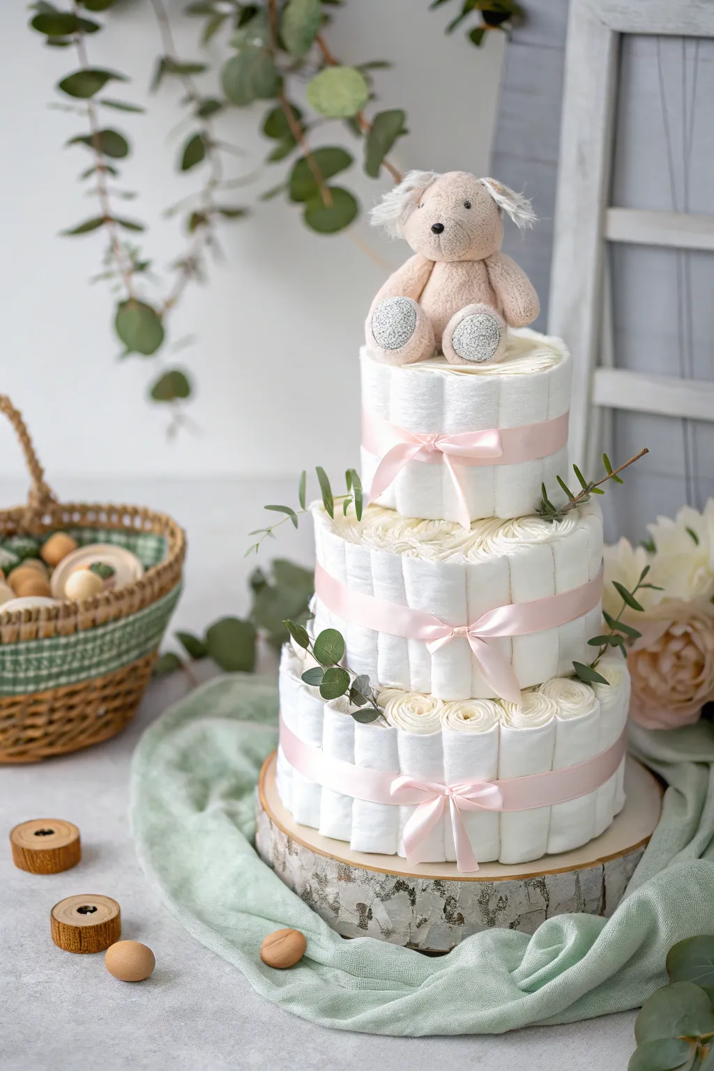 Whimsical elegance meets handcrafted charm in this stunning diaper cake basket, perfect for a memorable baby shower gift.