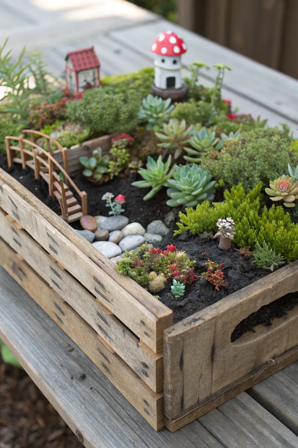Step into a magical world with this handcrafted fairy garden in a pallet. Perfect for adding a touch of whimsy to any space!