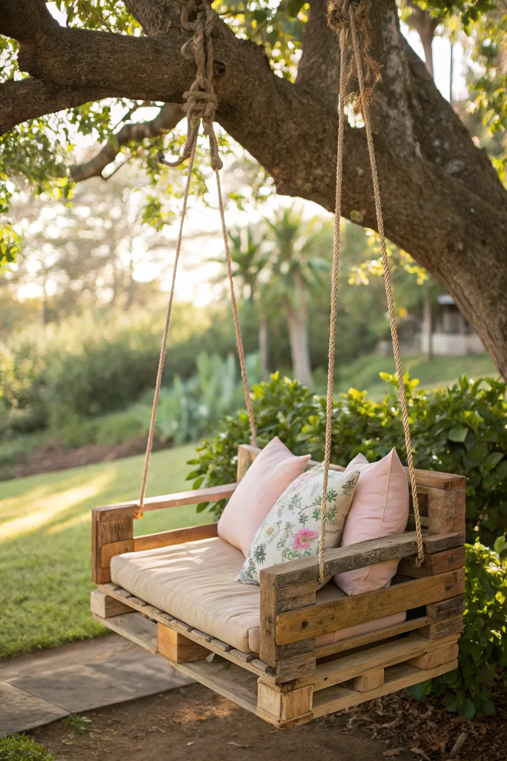 Transform your garden into a rustic retreat with this charming pallet swing, where simplicity meets natural beauty.