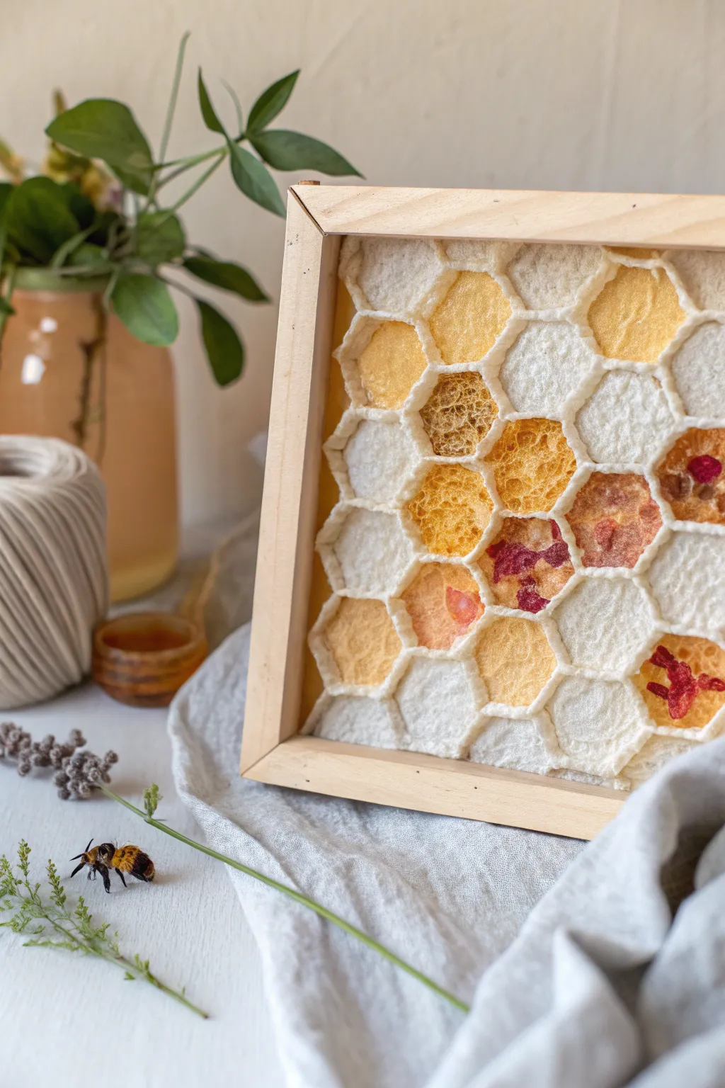 Explore the artistry of mixed media with this stunning honeycomb collage, where simplicity meets vibrant creativity.